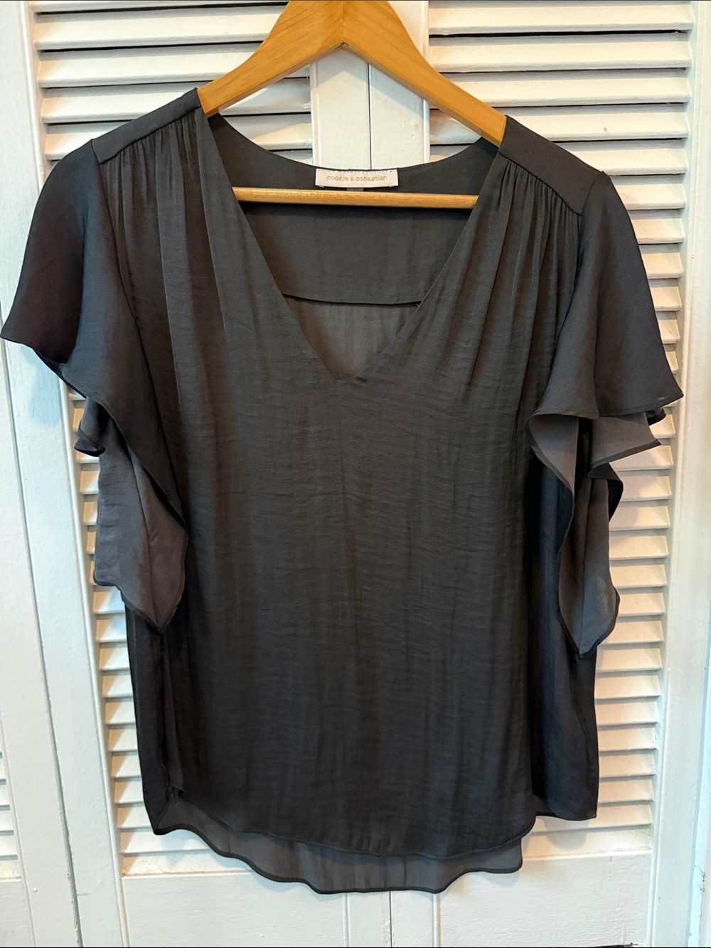 Pookie & Sebastian Black V-Neck Ruffle Sleeve Women's Top